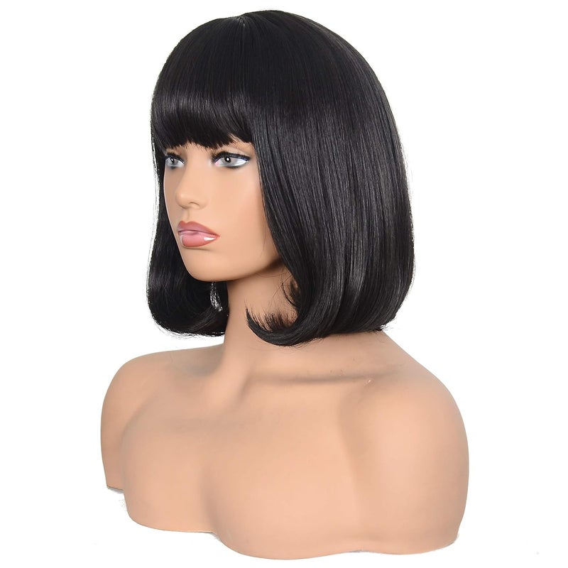 morvally Short Black Bob Wig with Bangs for Women Heat Resistant Straight Bob Synthetic Hair Wigs for Cosplay Halloween Costume Party Daily Wear (14", 2# Black) - Image 3