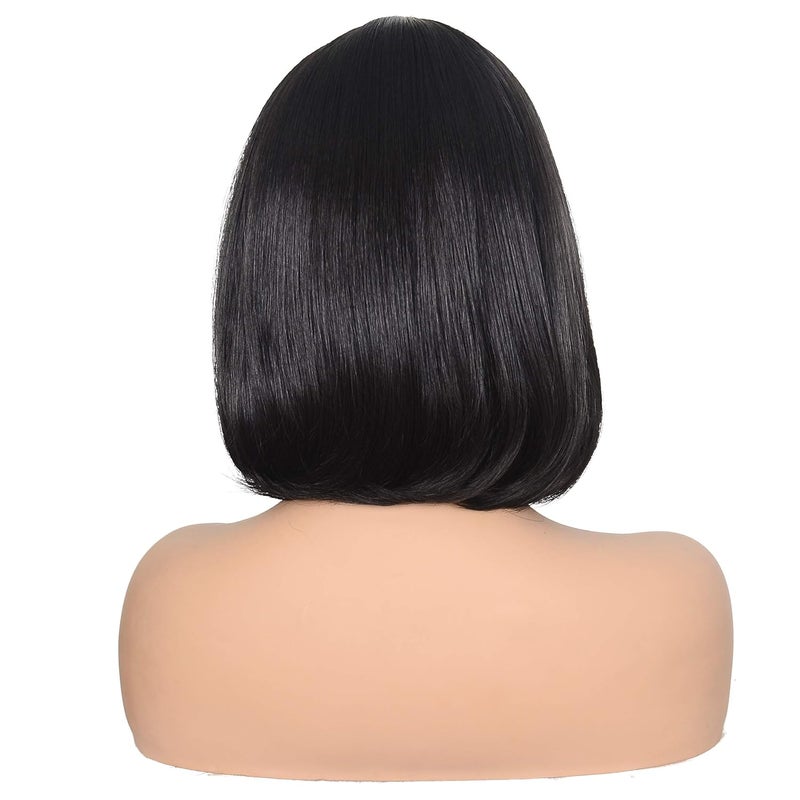 morvally Short Black Bob Wig with Bangs for Women Heat Resistant Straight Bob Synthetic Hair Wigs for Cosplay Halloween Costume Party Daily Wear (14", 2# Black) - Image 5