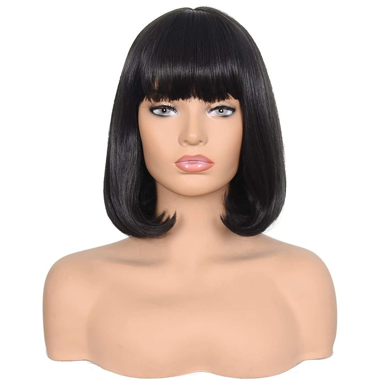 morvally Short Black Bob Wig with Bangs for Women Heat Resistant Straight Bob Synthetic Hair Wigs for Cosplay Halloween Costume Party Daily Wear (14", 2# Black) - Image 1
