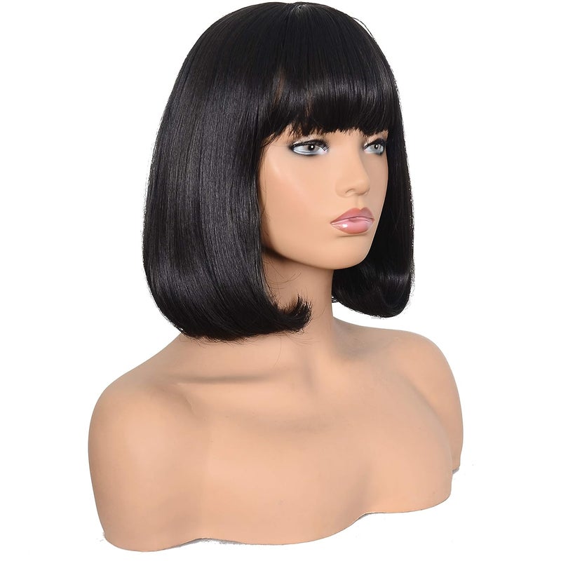 morvally Short Black Bob Wig with Bangs for Women Heat Resistant Straight Bob Synthetic Hair Wigs for Cosplay Halloween Costume Party Daily Wear (14", 2# Black) - Image 2