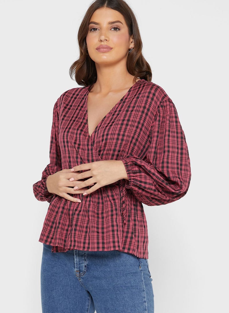 WAREHOUSE Checked Balloon Sleeve V-Neck Top - Image 1