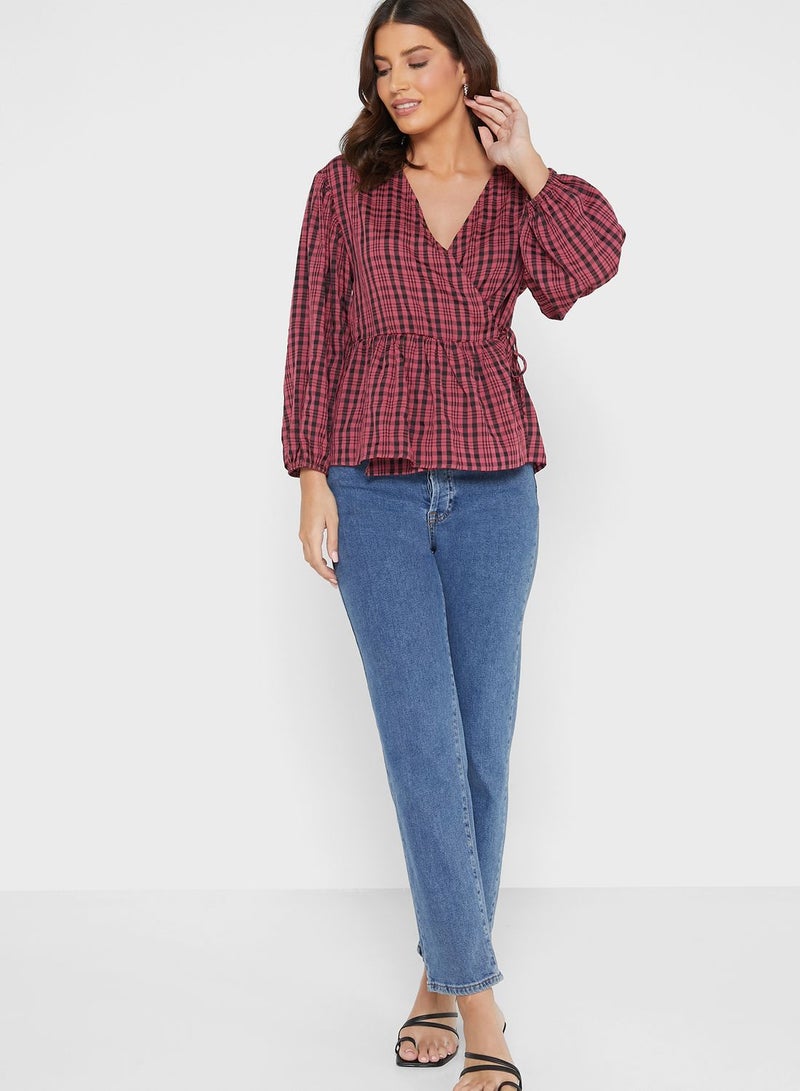 WAREHOUSE Checked Balloon Sleeve V-Neck Top - Image 4