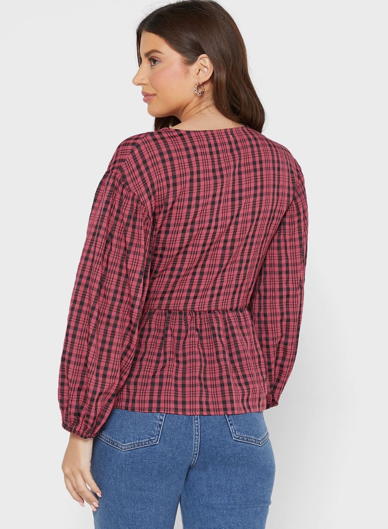 WAREHOUSE Checked Balloon Sleeve V-Neck Top - Image 2