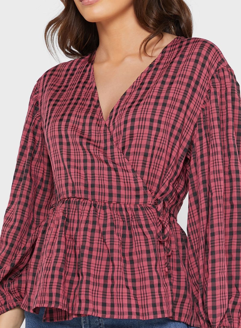 WAREHOUSE Checked Balloon Sleeve V-Neck Top - Image 3
