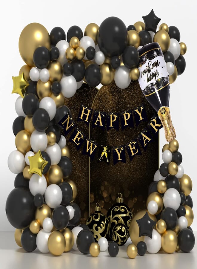 Janinus New Year Balloon Arch Kit Black And Gold Balloons Garland Kit With White Balloons,Happy New Year Banner Black Gold Foil Balloons For 2023 New Year Graduation Black And Gold Party Decorations