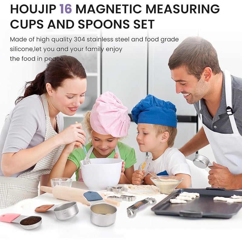 HOUJIP Magnetic Measuring Cups and Spoons Set-Heavy Duty 304 Stainless Steel，Double Measurement Markings，Set of 16 with Leveler for Measure Dry and Liquid Ingredients (Color) - Image 3