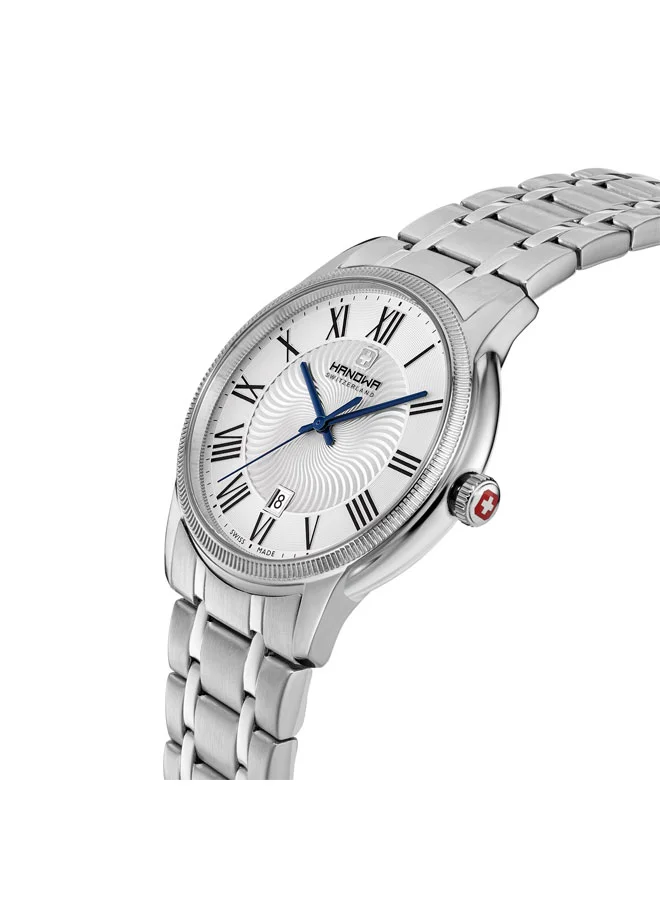 هانوا سالفان ساعة يد فضية مينا بيضاء سوار ستانلس ستيل رجالية  ملم