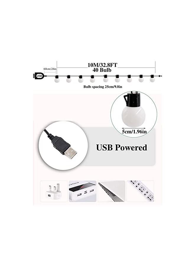 The Bros 33Ft/10M 40 Shatterproof Bulbs LED String Lights, USB Powered Indoor Outdoor Waterproof LED String Lights for Camping & Tents Patio Garden Wedding Party Decor - Image 4