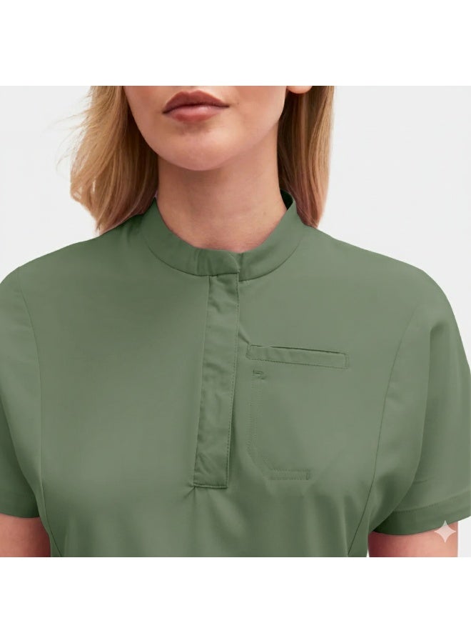 AllScrubs Women's Medical Uniform / Scrub Set – Collared Top & Straight-Leg Pants, Olive - Image 5