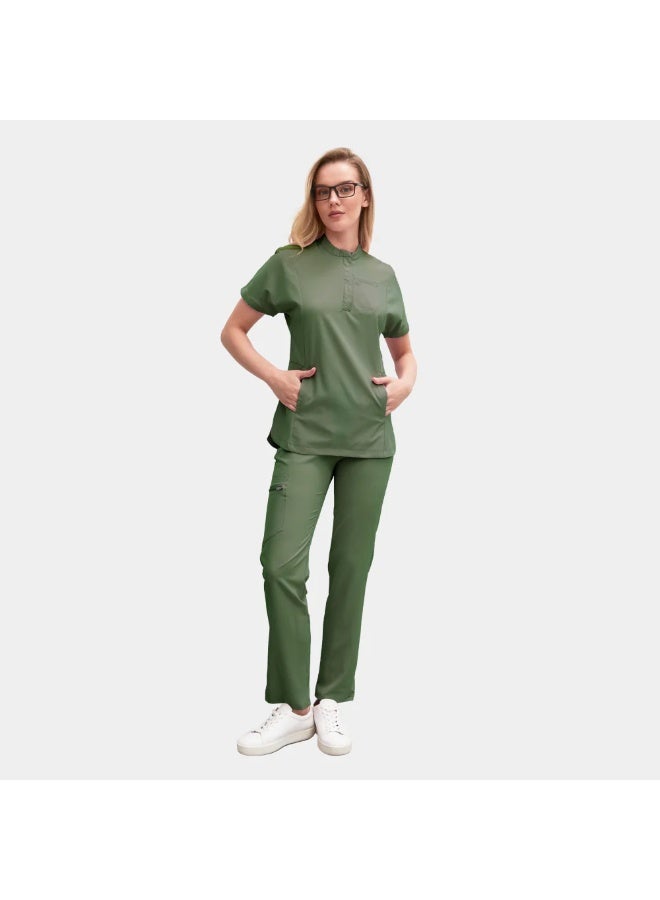 AllScrubs Women's Medical Uniform / Scrub Set – Collared Top & Straight-Leg Pants, Olive - Image 1