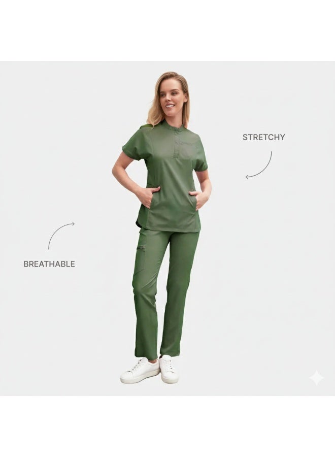 AllScrubs Women's Medical Uniform / Scrub Set – Collared Top & Straight-Leg Pants, Olive - Image 4