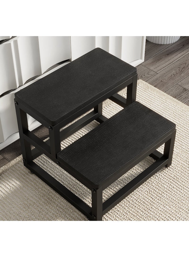 Solerconm Wooden Step Stools for Adults Kids, 2 Step Stool, Heavy Duty Wood Bedside Stepping Stool for Kichen/Bathroom/Bedside Step Stool (Black) - Image 1