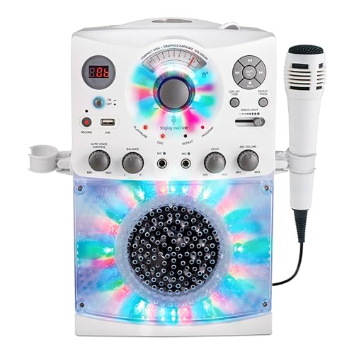 Singing Machine Portable Karaoke Machine for Adults & Kids with Wired Microphone, White - Built-In Speaker, Bluetooth with LED Disco Lights - Karaoke System with CD+G Player & USB Connectivity - Image 1