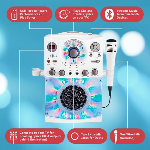 Singing Machine Portable Karaoke Machine for Adults & Kids with Wired Microphone, White - Built-In Speaker, Bluetooth with LED Disco Lights - Karaoke System with CD+G Player & USB Connectivity - Image 4