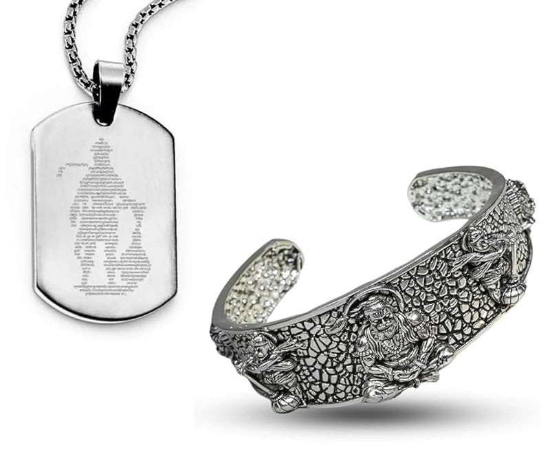 ADHVIK مجموعة من سوار هانومان ذو 5 وجوه من الفولاذ المقاوم للصدأ وقلادة هانومان تشاليسا الروحية كهدية (فضي، عبوة من 2) - Image 1