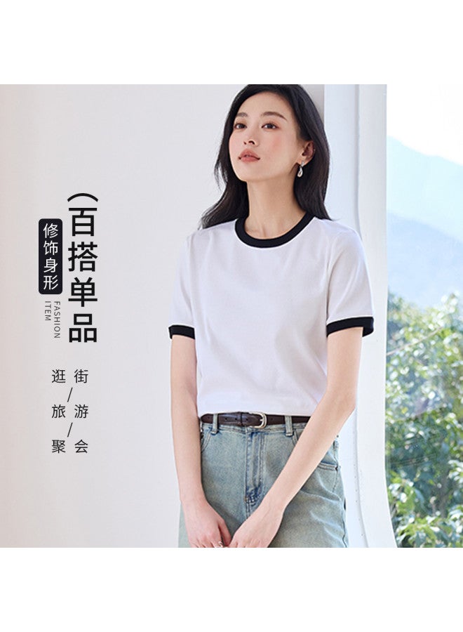 Hstyle Commuting Color-block Round Neck Short Sleeve T-shirt Women 2025 Summer Versatile Slimming Loose Fit Regular Shoulder Basic Top - Image 4