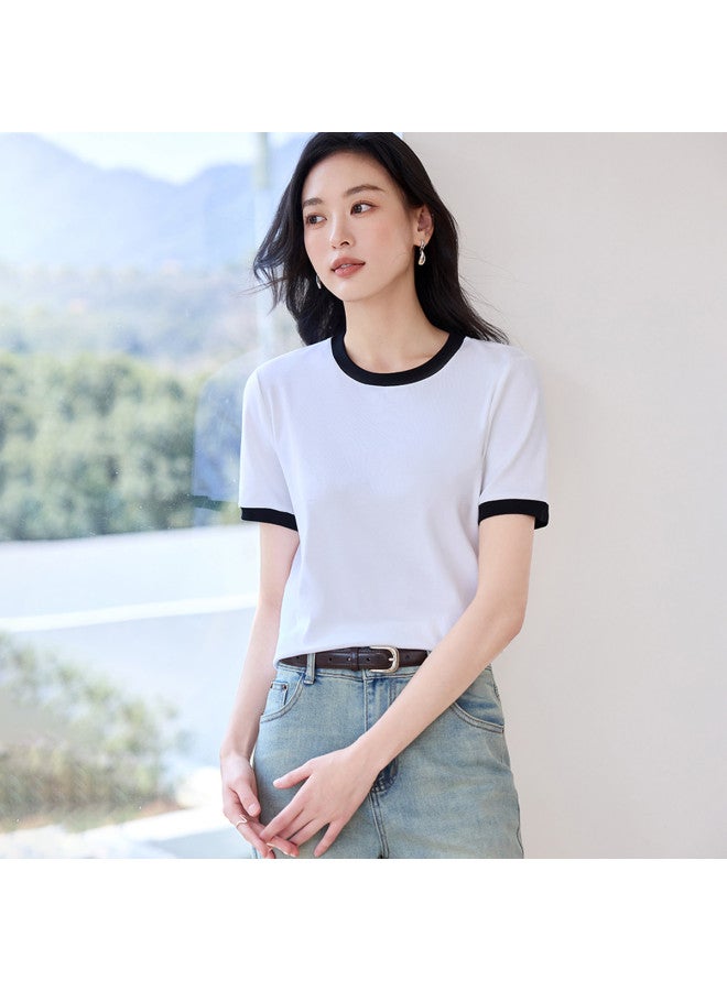 Hstyle Commuting Color-block Round Neck Short Sleeve T-shirt Women 2025 Summer Versatile Slimming Loose Fit Regular Shoulder Basic Top - Image 5