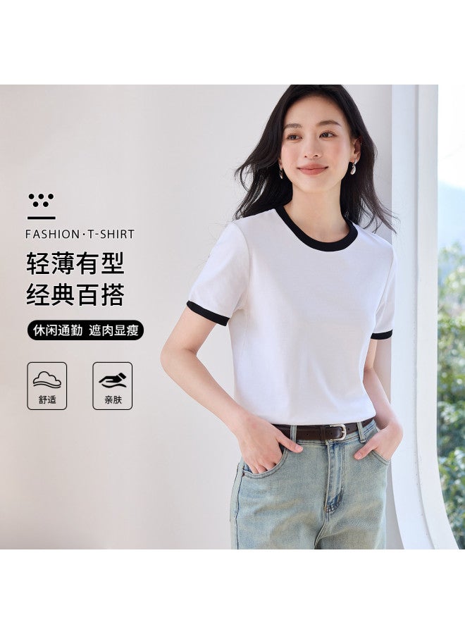 Hstyle Commuting Color-block Round Neck Short Sleeve T-shirt Women 2025 Summer Versatile Slimming Loose Fit Regular Shoulder Basic Top - Image 2