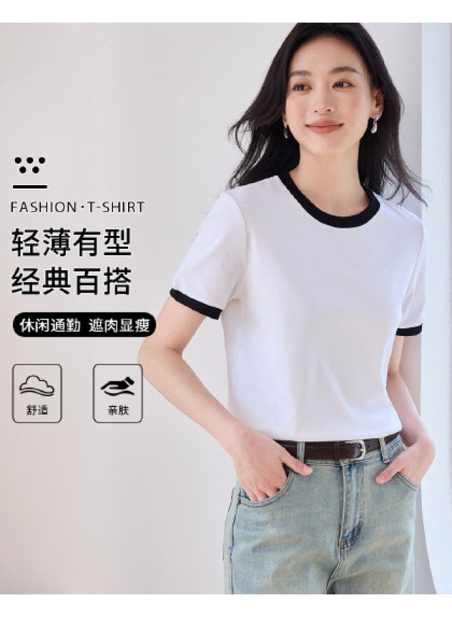 Hstyle Commuting Color-block Round Neck Short Sleeve T-shirt Women 2025 Summer Versatile Slimming Loose Fit Regular Shoulder Basic Top - Image 1