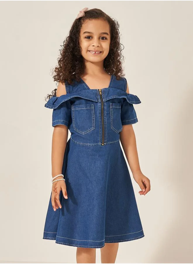 Styli Cold Shoulder Half-Zipper Knee Length Denim Dress