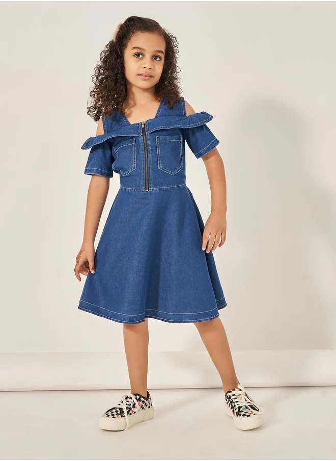 Styli Cold Shoulder Half-Zipper Knee Length Denim Dress