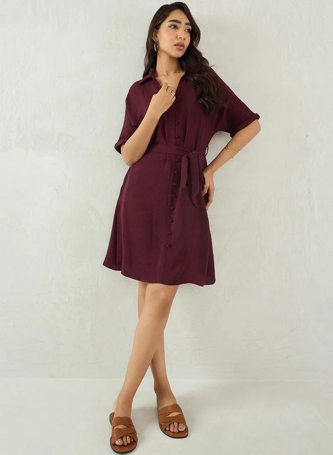 Femmella Femmella Purple Crinkled Button Down Shirt Knee Length Dress