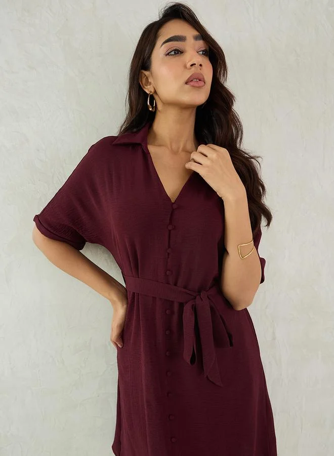 Femmella Femmella Purple Crinkled Button Down Shirt Knee Length Dress