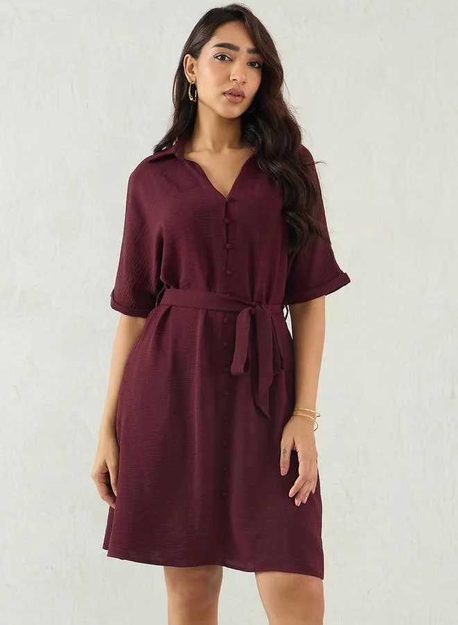 Femmella Femmella Purple Crinkled Button Down Shirt Knee Length Dress