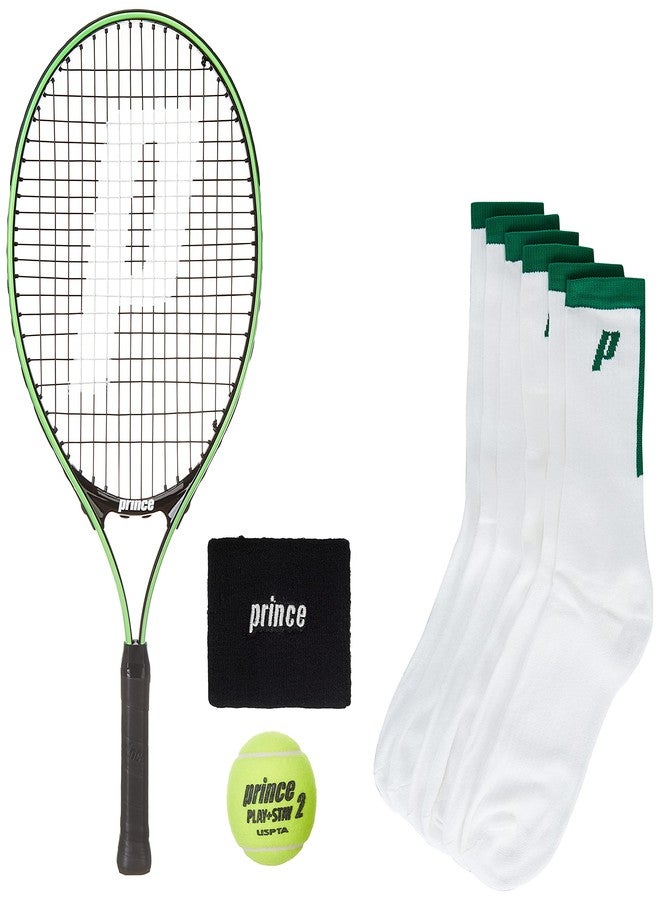 برنس مضرب تنس برينس تور 23 من الألومنيوم مع 12 كرة تنس برتقالية من المرحلة الثانية، وجوارب برينس بيضاء، وسوار معصم أسود - Image 1