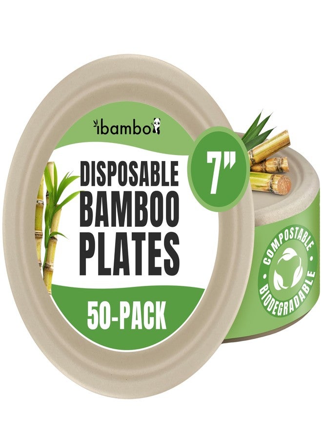 ibambo Bamboo Biodegradable Plates (50-Pack, 7-inch) | Sturdy & Microwave Safe | Heavy Duty Microwavable Disposable Plates | PFAS Free, Biodegradable | FSC Certified Alternative to Plastic - Image 1