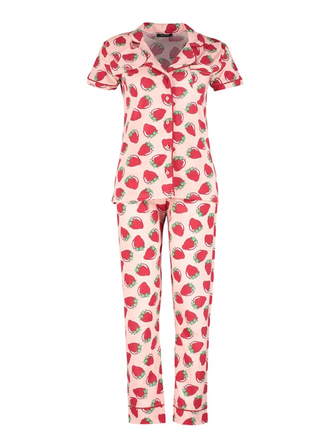 trendyol Pink Strawberry Patterned Piping Sleep Band Knitted Pajama Set - Image 5