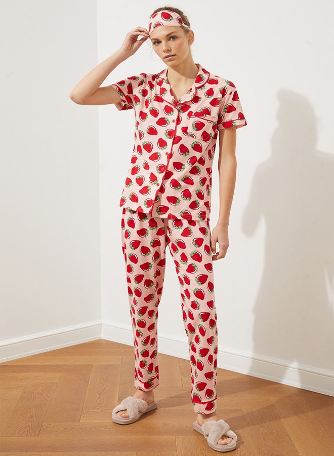 trendyol Pink Strawberry Patterned Piping Sleep Band Knitted Pajama Set - Image 1