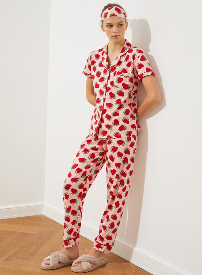 trendyol Pink Strawberry Patterned Piping Sleep Band Knitted Pajama Set - Image 2