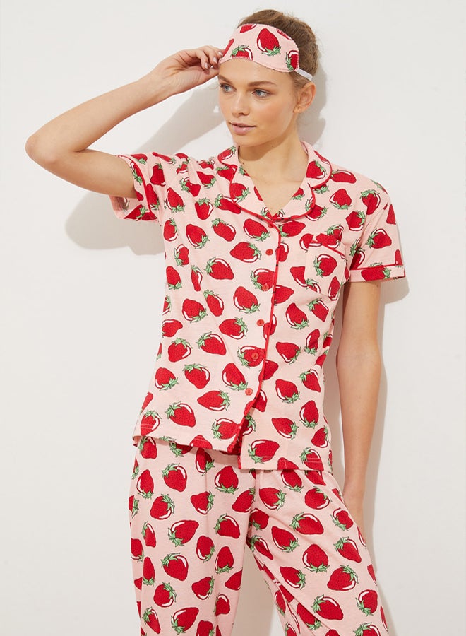 trendyol Pink Strawberry Patterned Piping Sleep Band Knitted Pajama Set - Image 4