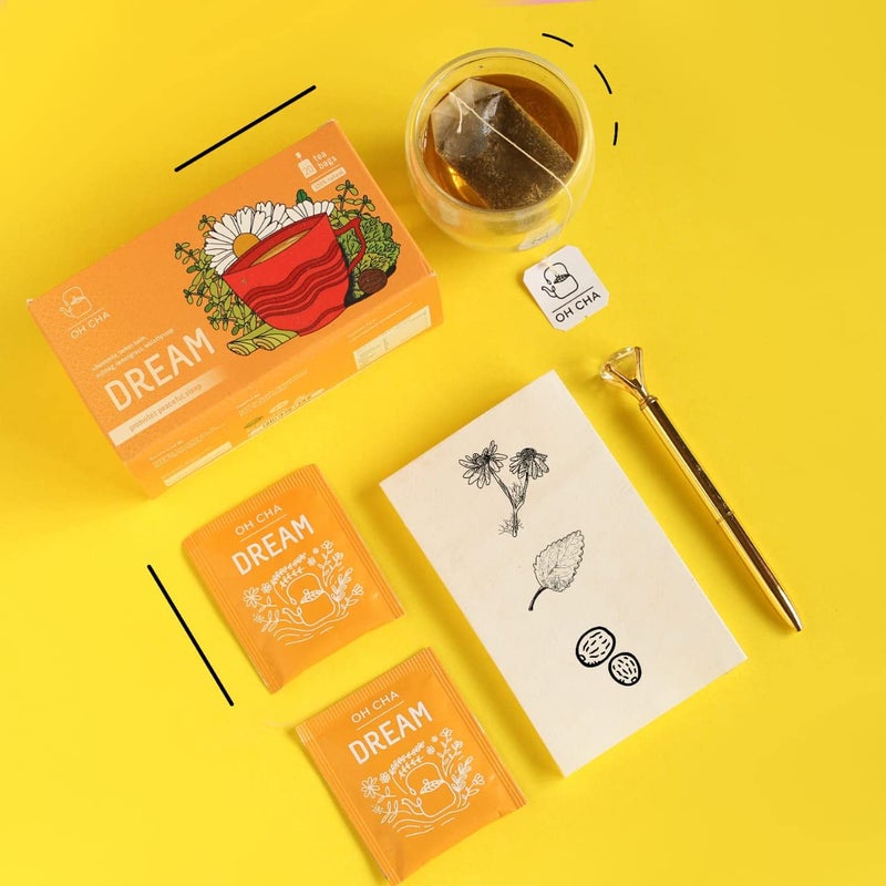 OH CHA - أكياس شاي البابونج، حلم | شاي النوم الطبيعي مع البابونج، والهيصوب المائي، والبلسم الليموني، وعشب الليمون، وجوزة الطيب | أكياس شاي أخضر طبيعية 100% | يريح العقل | شاي البابونج للنوم | 20 كيس شاي - Image 3
