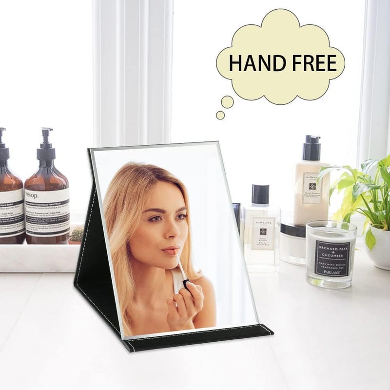 PRAYASHAY TRADELINK PRAYASHAY TRADELINK Foldable Makeup MirrorCompact Size Frameless Portable Vanity Leather Mirror with Stand Rectangular SlimPu Leather Travel Cosmetic Mirror with Framed BlackPack of 1  - Image 3