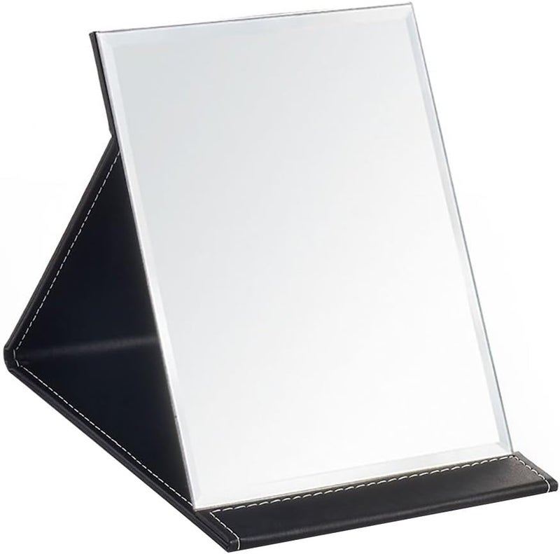 PRAYASHAY TRADELINK PRAYASHAY TRADELINK Foldable Makeup MirrorCompact Size Frameless Portable Vanity Leather Mirror with Stand Rectangular SlimPu Leather Travel Cosmetic Mirror with Framed BlackPack of 1  - Image 1