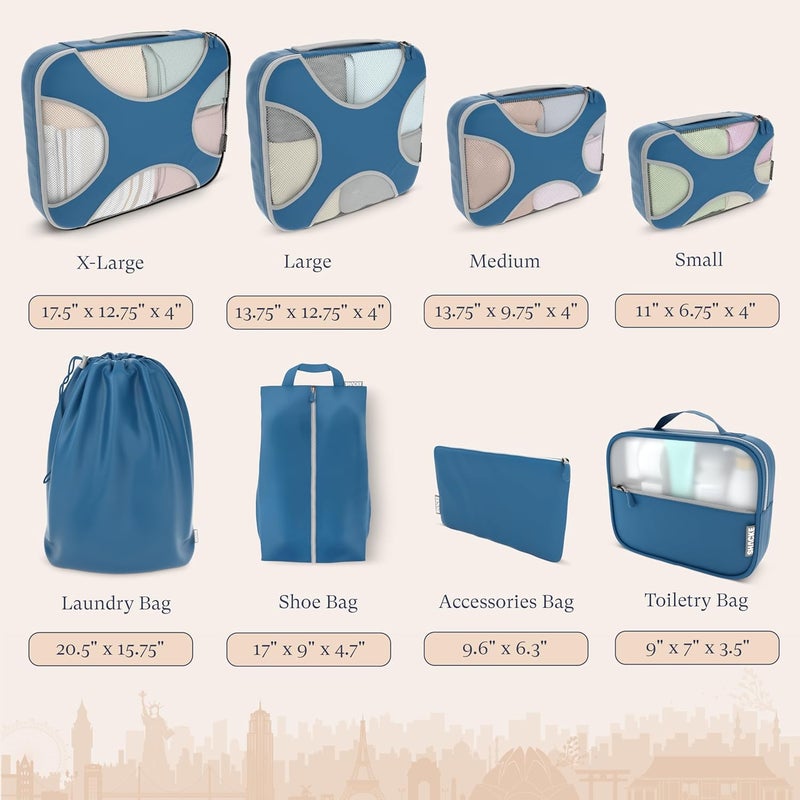 Shacke Premium Set of 8 Lightweight Mesh Travel Luggage Organizers with Laundry Bag, 8-Piece Suitcase Storage System (Navy) - Image 4