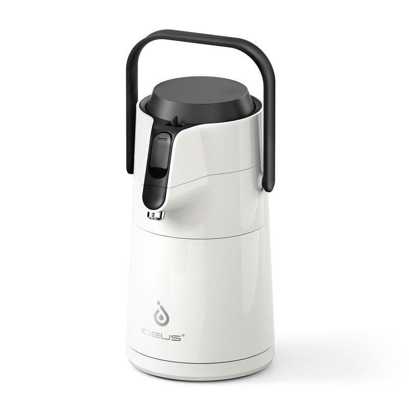 ideus IDEUS 74 oz Thermal Coffee Carafe with Pump Double Wall Stainless Steel Container Vacuum Insulated Airpot Water Dispenser Tea Server System Large Thermo for Drinks White 