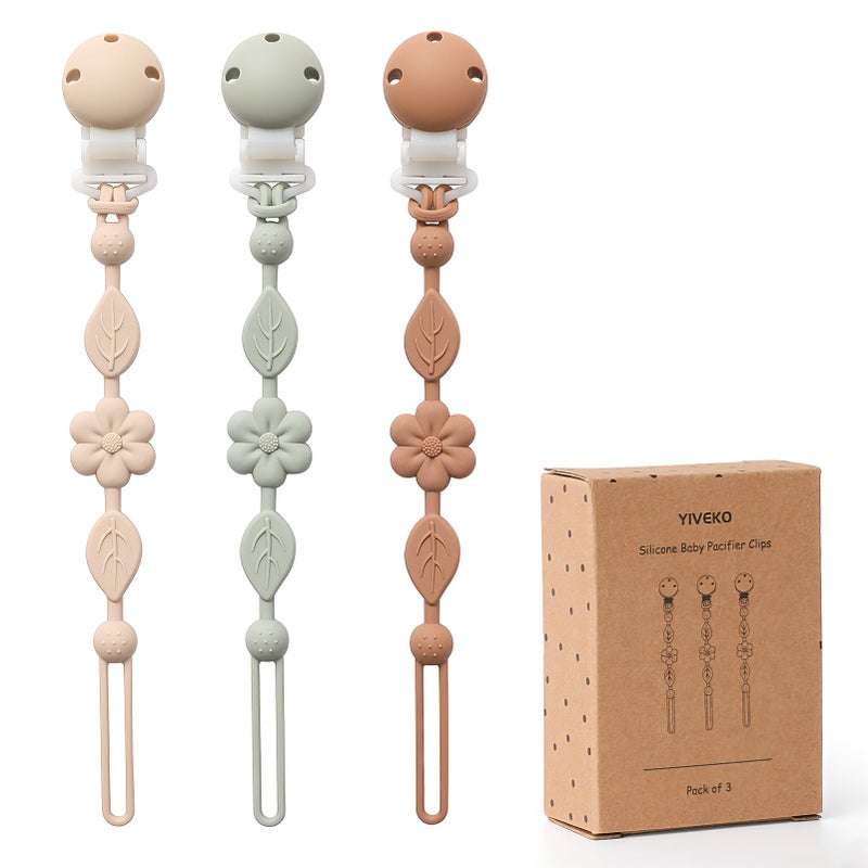 YIVEKO Pacifier Clips for Baby Silicone Pacifier Holder Clips for Boys Girls One Piece Baby Binky Clips YIVEKO Pacifier Clips Flower 3PcsIvorySageBrown - Image 3
