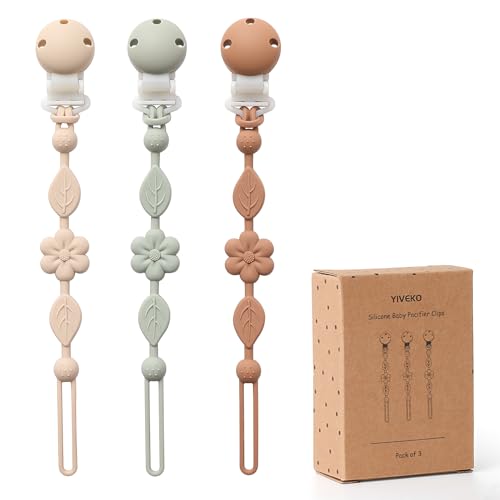 YIVEKO Pacifier Clips for Baby Silicone Pacifier Holder Clips for Boys Girls One Piece Baby Binky Clips YIVEKO Pacifier Clips Flower 3PcsIvorySageBrown - Image 1