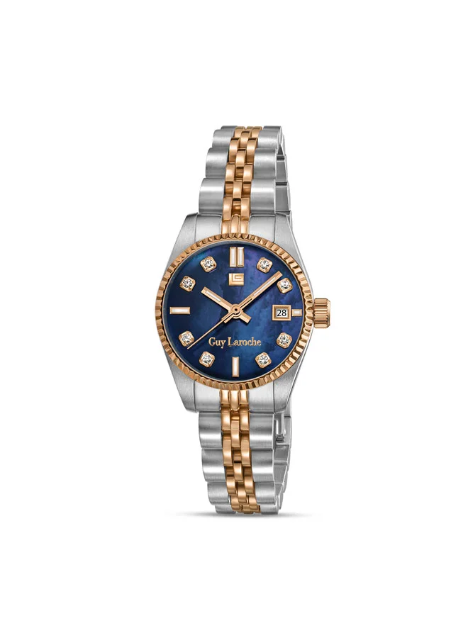 غاي لاروش ساعة يد نسائية بسوار معدني فضي وذهبي وردي، مينا من عرق اللؤلؤ بلون أزرق وردي، بعقارب تناظرية، مقاس  ملم