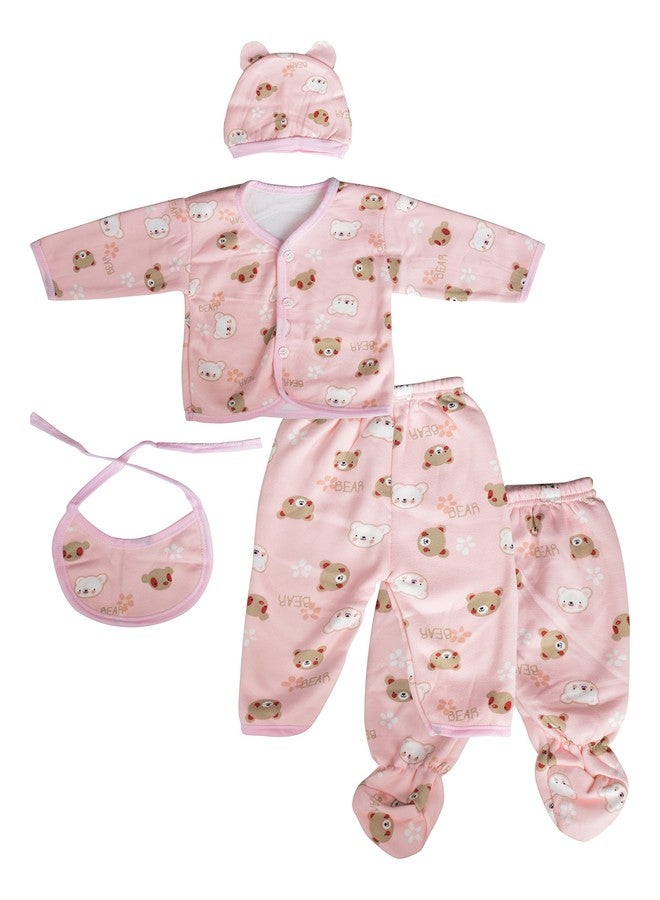 Mummamia Newborn Baby 5 Pc Clothing Winter Set with Soft Fur Lining (Best Baby Shower Gift) - Pink Teddies (Pink, 0-6 Months) - Image 1