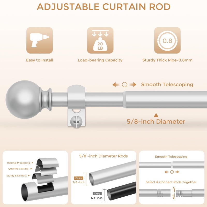 JRZOO Silver Curtain Rod for Windows 18-45 Inch, 5/8 Inch Small Window Treatment Rods, Short Adjustable Splicing Drapery pole, Silver - Image 5
