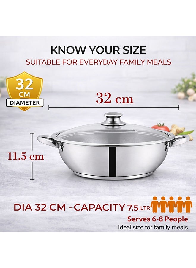SONEX Mega Wok/Kadai, 32 cm (7.5 Ltr) Stainless Steel – Glass Lid with Steam Vent, Durable Handles, Sandwich Bottom for Even Heating, Sleek Modern Design for Efficient and Stylish Cooking - Image 2