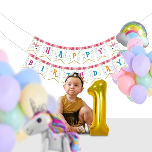 Party Propz 1st Birthday Decoration For Girls - 40Pcs Birthday Decoration Items For Girl | First Birthday Decorations Girl | Unicorn Foil Balloon | Rainbow Balloon | Happy Birthday Banner (Cardstock) - Image 4