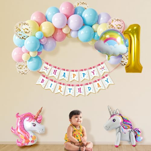 Party Propz 1st Birthday Decoration For Girls - 40Pcs Birthday Decoration Items For Girl | First Birthday Decorations Girl | Unicorn Foil Balloon | Rainbow Balloon | Happy Birthday Banner (Cardstock) - Image 3