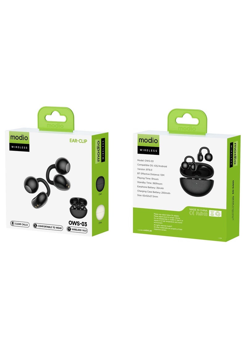 Modio OWS-03 Wireless Ear Clip Earbuds Bluetooth 6.0 Open-Ear Comfortable Fit With Microphone and Multi Functional Touch Controls Black - Image 5