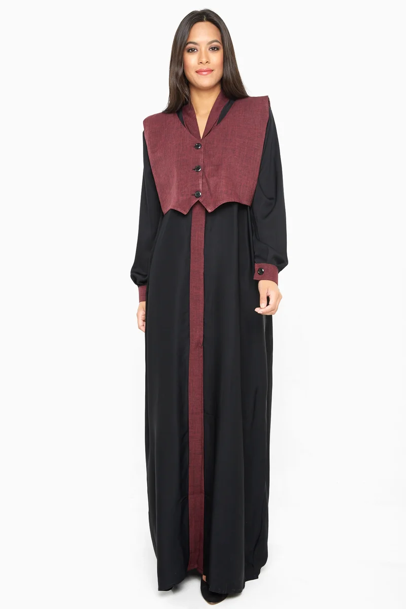 النخبة عباية بياقة وسترة بأزرار لون عنابي