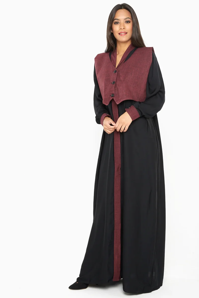 A maroon buttoned waistcoat style abaya-Aj364A